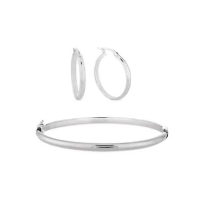 Sterling Silver 25x3mm Hoops and 7-Inch x 4mm Bangle Bracelet Set