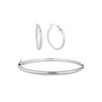 Sterling Silver 25x3mm Hoops and 7-Inch x 4mm Bangle Bracelet Set