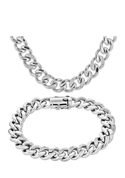 Stainless Steel Cubic Zirconia Curb Link Necklace and Bracelet Set