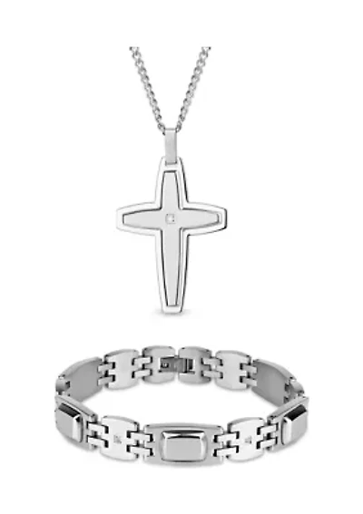 Stainless Steel Satin Cubic Zirconia Cross Pendant Necklace and Bracelet Set