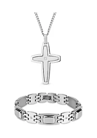 Stainless Steel Satin Cubic Zirconia Cross Pendant Necklace and Bracelet Set