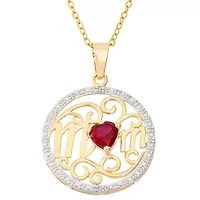 Lab Created 14K Gold Plated Sterling Silver 5mm Created Ruby Heart Diamond Accent Mom Circle Pendant 18-Inch Necklace