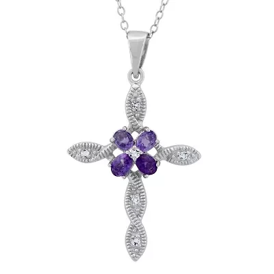 Sterling Silver 3x4mm Oval Amethyst White Topaz Cross Pendant 18-Inch Necklace