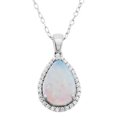 Lab Created Sterling Silver 12x8mm Pear Created Opal and White Topaz Pendant 18-Inch Necklace