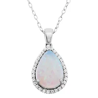 Lab Created Sterling Silver 12x8mm Pear Created Opal and White Topaz Pendant 18-Inch Necklace