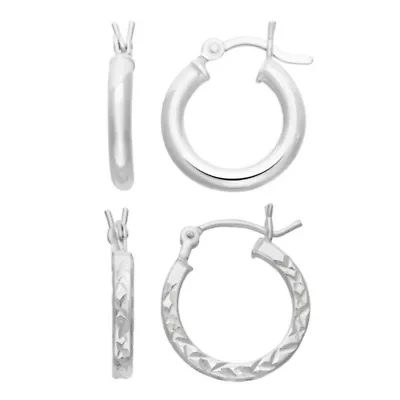 Sterling Silver 15mm Diamond Cut and Polished 2 Pair Hoop Earring Set