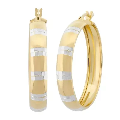 18K Gold Plated Sterling Silver Two Tone Stripe 35x6mm Hoop Earrings