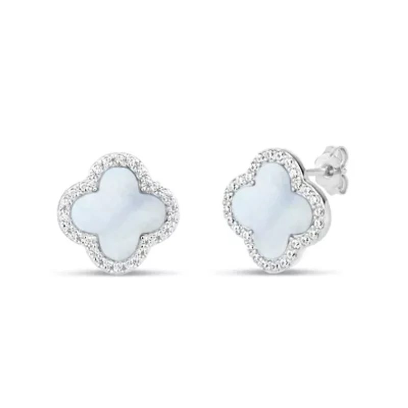 Sterling Silver Mother of Pearl and Cubic Zirconia 13mm Flower Stud Earrings