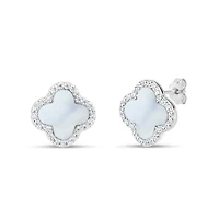 Sterling Silver Mother of Pearl and Cubic Zirconia 13mm Flower Stud Earrings