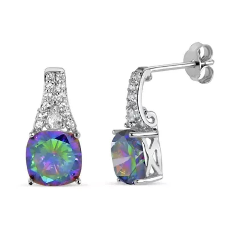 Sterling Silver 8mm Cushion Mystic and White Topaz Post Drop Earrings