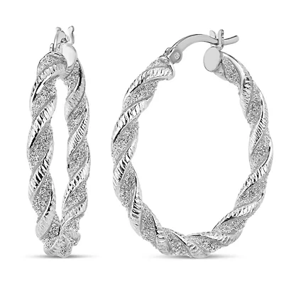 Sterling Silver Rhodium Plated 30x3.5mm Glitter Braid Hoop Earrings