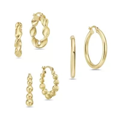18K Gold Plated Sterling Silver 22x5mm Bead, 25x5mm Twist and 28x3mm Hoop Earring Set