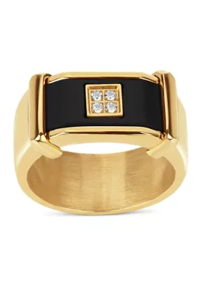 Stainless Steel Gold Ion Plated Carbon Fiber with Cubic Zirconia Square Ring