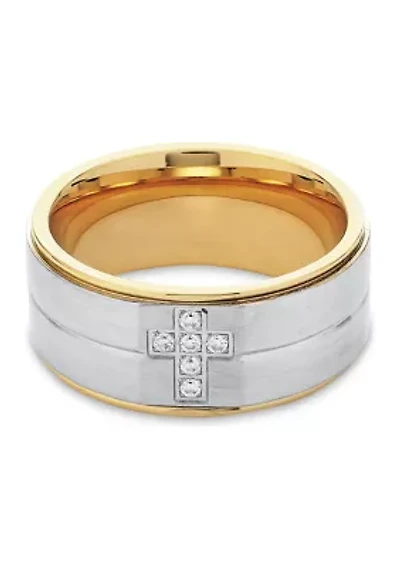 Stainless Steel and Gold Ion Plated Cubic Zirconia Cross Band Ring
