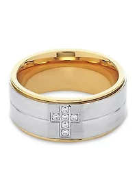 Stainless Steel and Gold Ion Plated Cubic Zirconia Cross Band Ring
