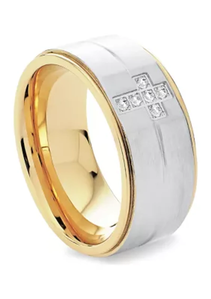 Stainless Steel and Gold Ion Plated Cubic Zirconia Cross Band Ring