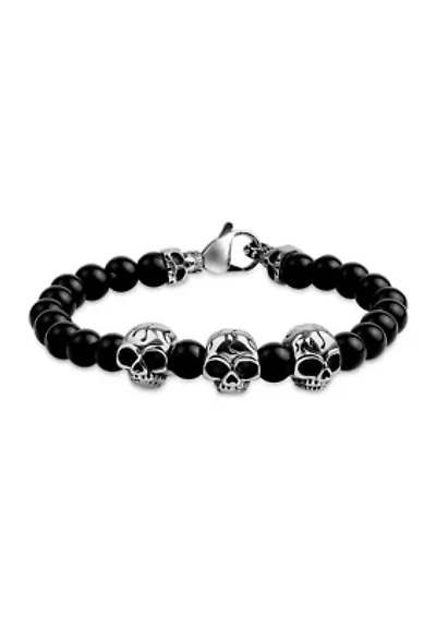 Stainless Steel Triple Skull and 8mm Black Glass Bead 8.5-Inch Bracelet