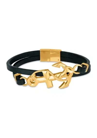 Gold Ion Plated Stainless Steel Anchor Cross with Double Leather Band 8.5 Inch Bracelet