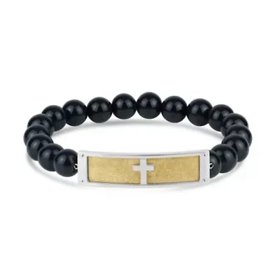 Stainless Steel 10mm Black Agate Bead Gold IP Cross ID 9-Inch Stretch Bracelet