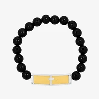 Stainless Steel 10mm Black Agate Bead Gold IP Cross ID 9-Inch Stretch Bracelet