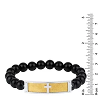 Stainless Steel 10mm Black Agate Bead Gold IP Cross ID 9-Inch Stretch Bracelet