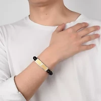 Stainless Steel 10mm Black Agate Bead Gold IP Cross ID 9-Inch Stretch Bracelet