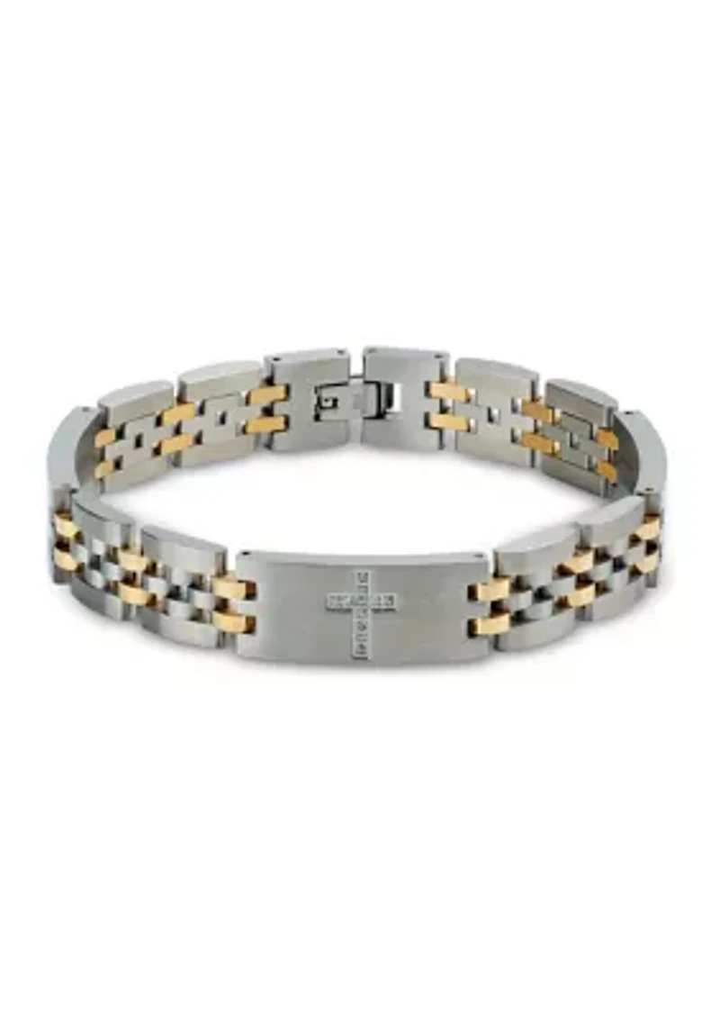 Stainless Steel and Yellow Gold Ion Plated Links with White Cubic Zirconia Crosses 8.5-Inch Bracelet