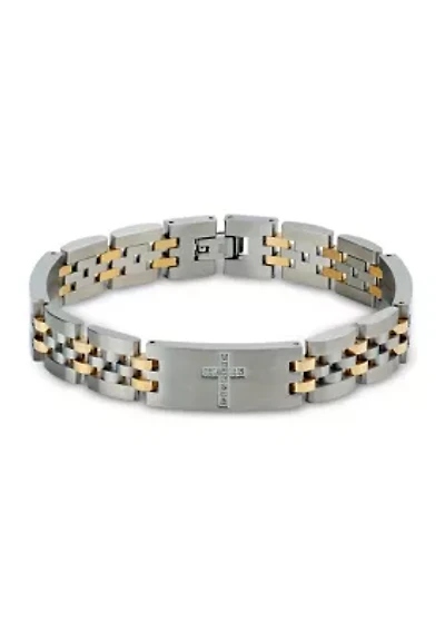 Stainless Steel and Yellow Gold Ion Plated Links with White Cubic Zirconia Crosses 8.5-Inch Bracelet 