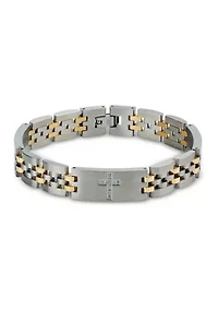 Stainless Steel and Yellow Gold Ion Plated Links with White Cubic Zirconia Crosses 8.5-Inch Bracelet 