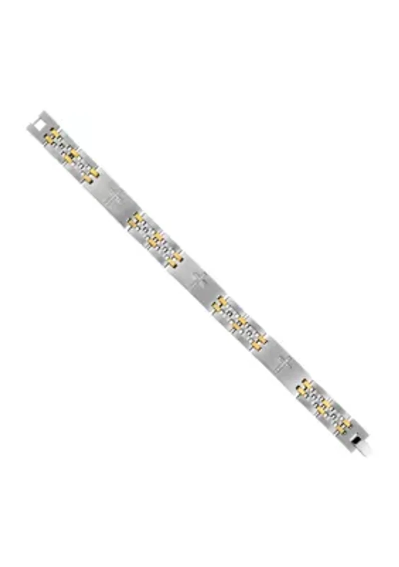 Stainless Steel and Yellow Gold Ion Plated Links with White Cubic Zirconia Crosses 8.5-Inch Bracelet 