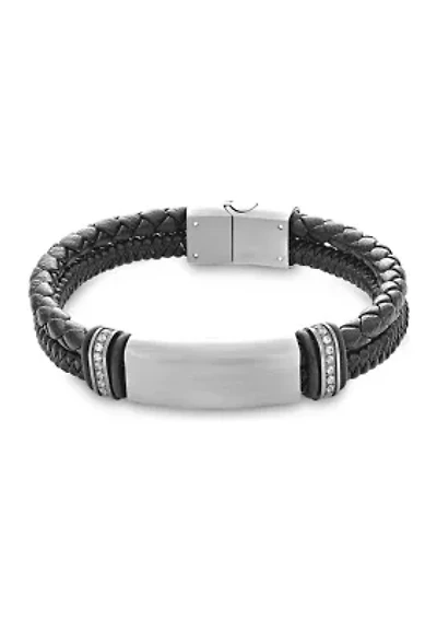 Stainless Steel and Braided Leather with White Cubic Zirconia Wrap 8.5-Inch Bracelet