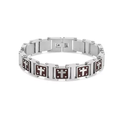 Stainless Steel Wood Cross Link 8.25-Inch Bracelet