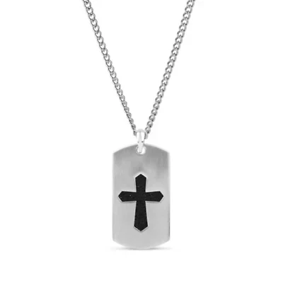Stainless Steel Satin 38x22mm Black Carbon Fiber Cross Dog Tag Pendant 24-Inch Necklace