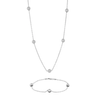 Sterling Silver 6mm Beaded Station Rolo Chain 18-Inch Necklace and 7-Inch Bracelet Set