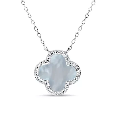 Sterling Silver Mother of Pearl and Cubic Zirconia 10mm Flower Pendant 16+2-Inch Necklace