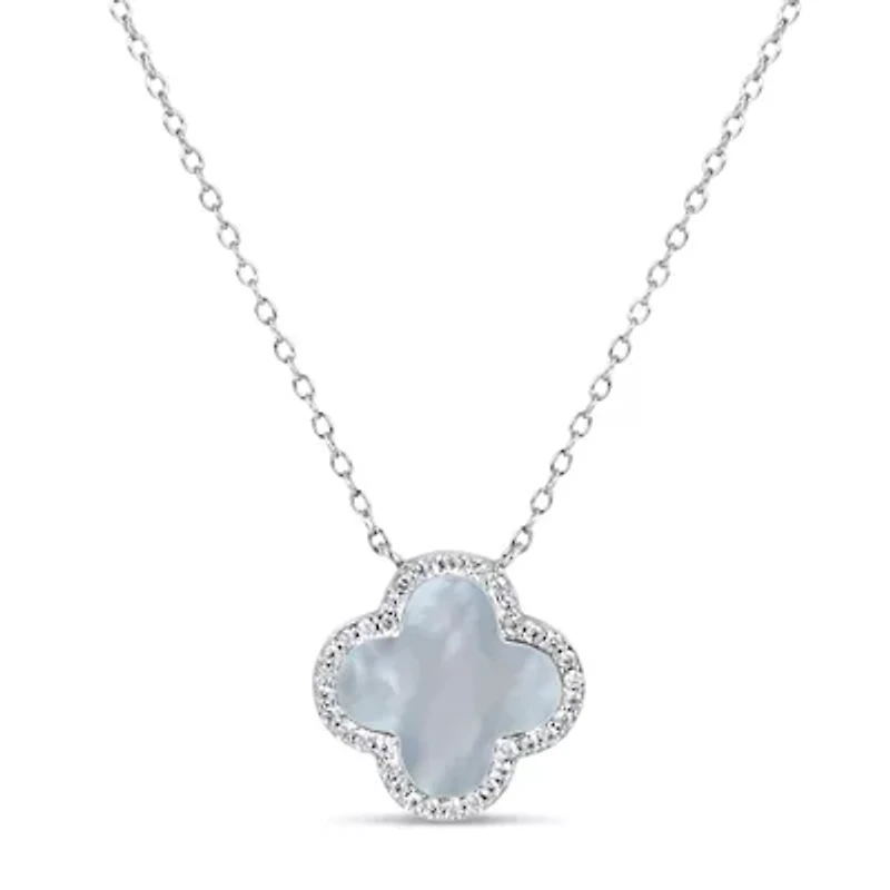 Sterling Silver Mother of Pearl and Cubic Zirconia 10mm Flower Pendant 16+2-Inch Necklace