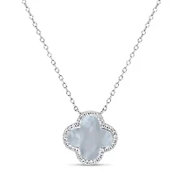 Sterling Silver Mother of Pearl and Cubic Zirconia 10mm Flower Pendant 16+2-Inch Necklace