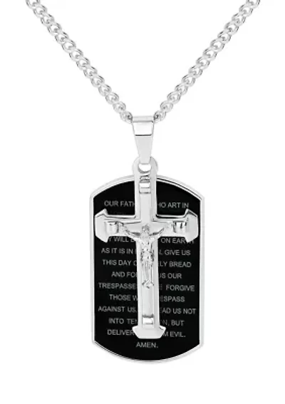 Stainless Steel 2-Piece Lord's Prayer Dog Tag with Crucifix Pendant 24-Inch Necklace