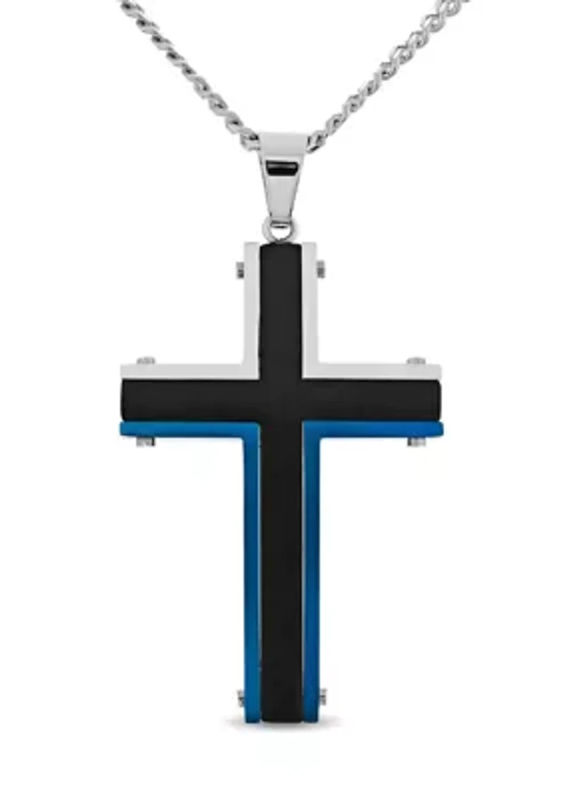 Stainless Steel Black and Blue Ion Plated Cross Pendant 24-Inch Necklace