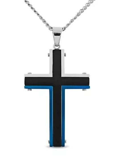 Stainless Steel Black and Blue Ion Plated Cross Pendant 24-Inch Necklace