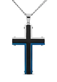 Stainless Steel Black and Blue Ion Plated Cross Pendant 24-Inch Necklace