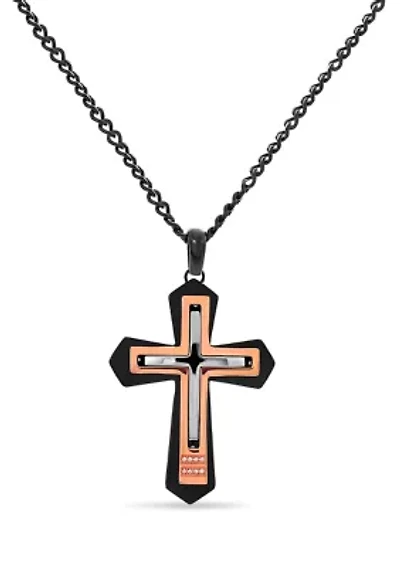 Stainless Steel Tricolor Black and Rose Ion Plated Cross with White Cubic Zirconia Pendant Necklace