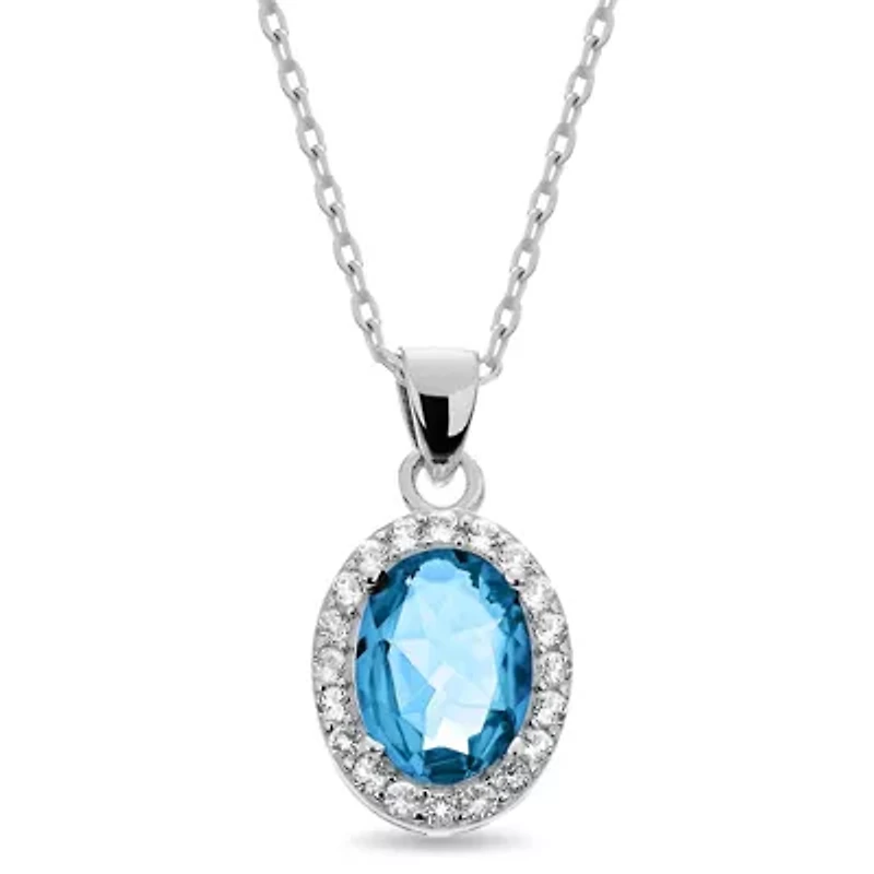 Sterling Silver 8x6 Sky Blue Topaz Halo and White Topaz Pendant 16+2-Inch Necklace