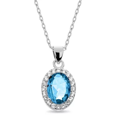 Sterling Silver 8x6 Sky Blue Topaz Halo and White Topaz Pendant 16+2-Inch Necklace