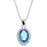 Sterling Silver 8x6 Sky Blue Topaz Halo and White Topaz Pendant 16+2-Inch Necklace