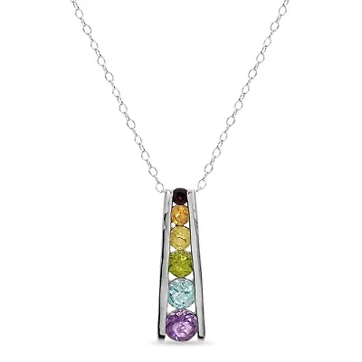 Sterling Silver Multi-Gemstone Rainbow Ladder Pendant 18-Inch Necklace