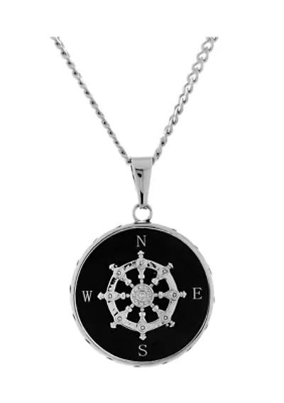 Stainless Steel Black Ion Plated Ship Wheel and Compass Pendant Necklace