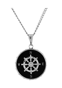 Stainless Steel Black Ion Plated Ship Wheel and Compass Pendant Necklace