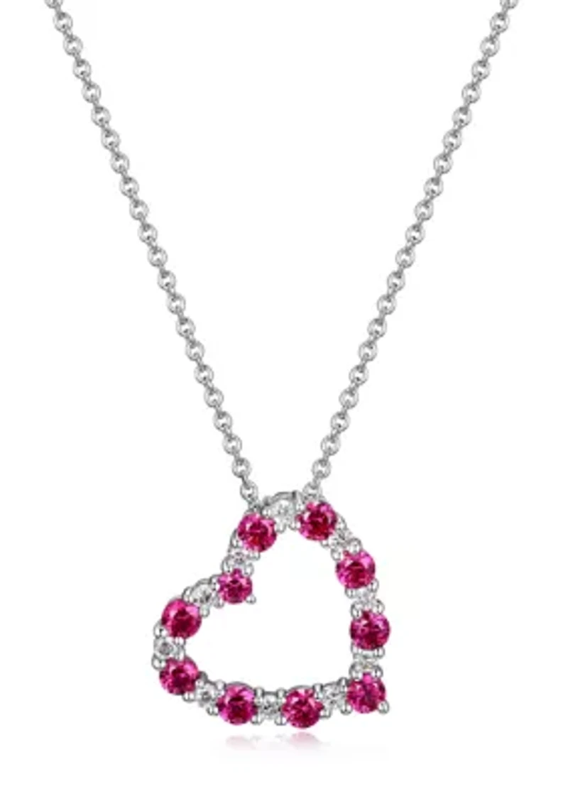 Lab Created Diamond and Gemstone Open Heart Pendant Necklace Rhodium Plated Sterling Silver