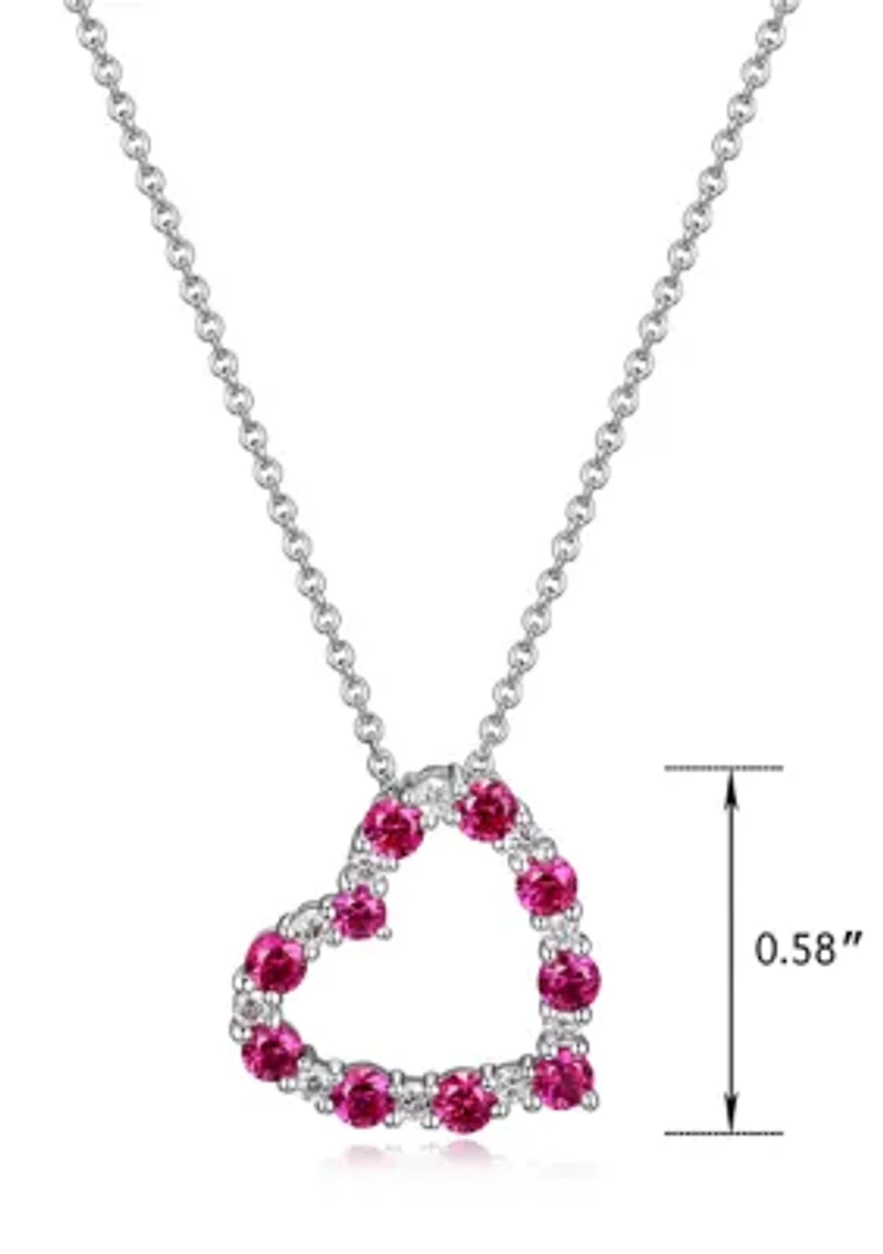 Lab Created Diamond and Gemstone Open Heart Pendant Necklace Rhodium Plated Sterling Silver